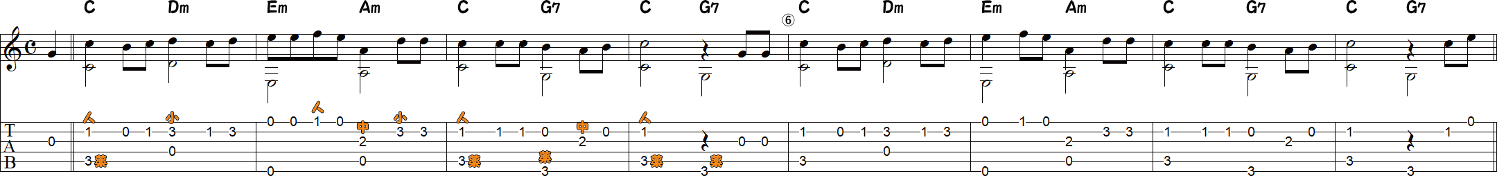 大きな古時計（ソロギター1～9小節目）の譜面