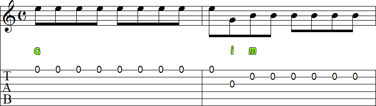 同じ弦を連続で弾く場合のピッキングパターン1の小節画像