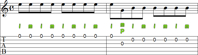 同じ弦を連続で弾く場合のピッキングパターン2の小節画像