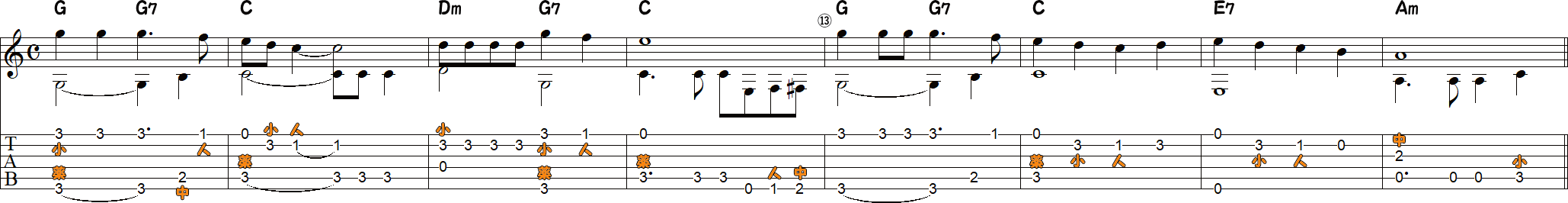 ドナドナ（ソロギター9～16小節目）の譜面