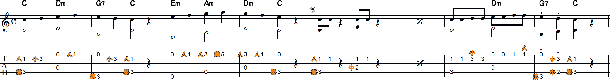 カエルの歌（ソロギター8小節1）の譜面