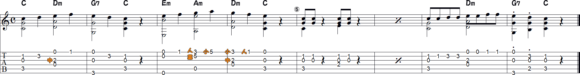 カエルの歌（ソロギター8小節2）の譜面
