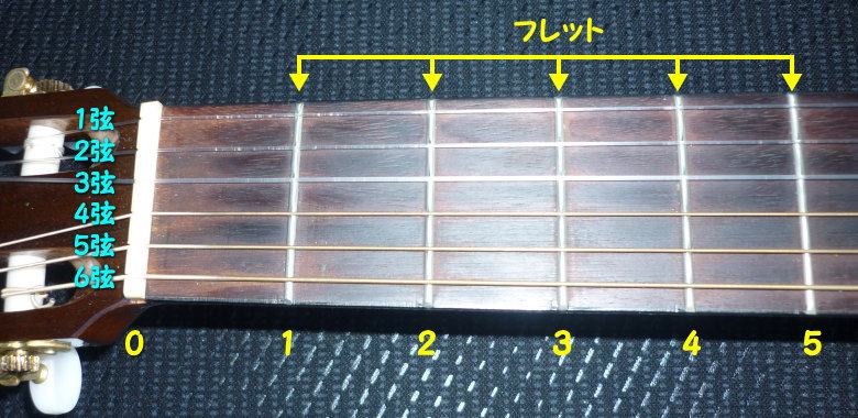 クラシックギターの弦とフレットの画像